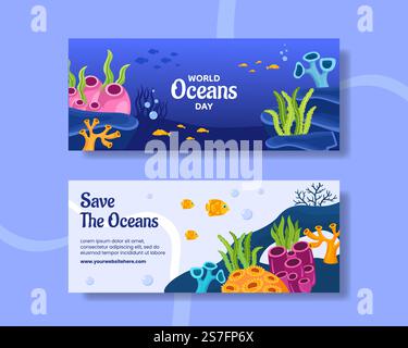 World Oceans Day Banner orizzontale Cartoon modelli disegnati a mano sfondo Illustrazione Illustrazione Vettoriale