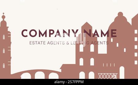 Agenti immobiliari e locatari, nome dell'azienda. Organizzazione che offre servizi per i clienti, migliori consulenti per il noleggio e l'acquisto. Biglietto da visita, pubblicità e marketing. Vettore in stile piatto. Agenti immobiliari e locativi, nome della compagnia sulla carta Illustrazione Vettoriale