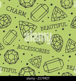 Pietre preziose e bellissimi accessori, fascino e pietre preziose, brillanti e diamanti eleganti. Rubino e design ricco. Stampa di motivi o sfondo senza cuciture. Vettore in stile piatto. Gioielli e accessori bellissimi, stampe di pietre preziose Illustrazione Vettoriale