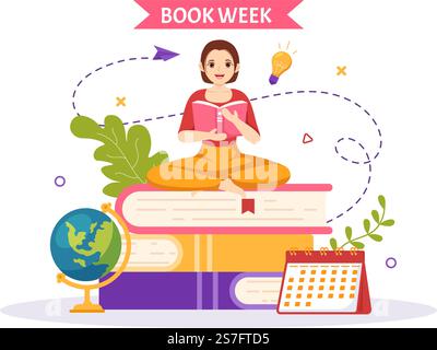 Eventi della settimana del libro Illustrazione vettoriale con le persone che leggono o studenti Studia i libri di testo in Cartoon piano modelli di landing page disegnati a mano Illustrazione Vettoriale