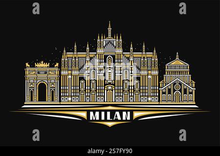 Illustrazione vettoriale di Milano, carta orizzontale scura con design lineare famoso paesaggio urbano di milano su sfondo notturno stellato, linea urbana europea Illustrazione Vettoriale
