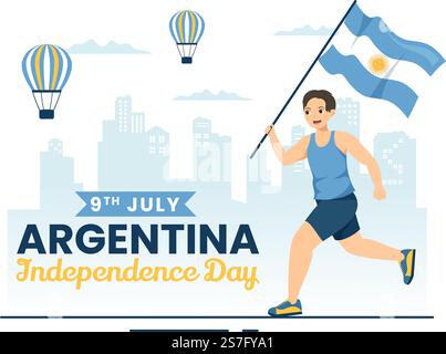 Happy Argentina Independence Day il 9th luglio Vector Illustration con Waving Flag in Flat Cartoon Celebration modelli di landing page disegnati a mano Illustrazione Vettoriale
