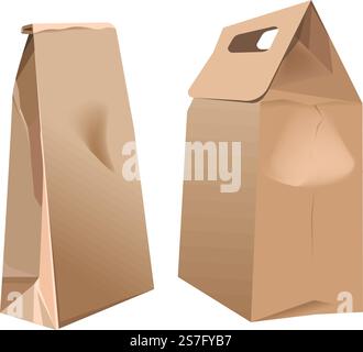 Sacchetto di carta in cartone con merci, confezione isolata con design semplice e struttura solida. Icona del prodotto o del cibo, vendita sul mercato o negozio. Involucro ecologico. Vettore in stile piatto. Pacchetto per prodotti, sacchetto di carta in cartone con merci Illustrazione Vettoriale