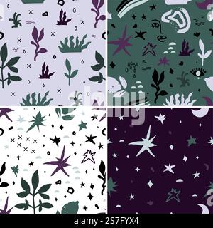 Sfondi con design fogliame e flora, cespugli e piante con foglie, stelle e volti umani espressivi. Tessuti o stampe per copertine, tipografie o set di motivi di tessuto. Vettore in stile piatto. Sfondi astratti con fogliame e design floreale Illustrazione Vettoriale