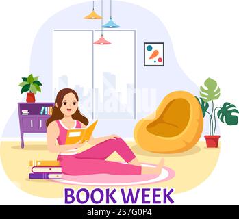 Eventi della settimana del libro Illustrazione vettoriale con le persone che leggono o studenti Studia i libri di testo in Cartoon piano modelli di landing page disegnati a mano Illustrazione Vettoriale
