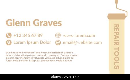 Servizi di manutenzione e riparazione di tuttofare. Modello di biglietto da visita con numero di telefono e sito Web, indirizzo e-mail e dettagli sui servizi aziendali. Nome e spazio di copia. Vettore in stile piatto. Biglietto da visita degli strumenti di riparazione con nome e informazioni Illustrazione Vettoriale