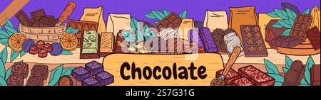 Esposizione di varietà di cioccolato con barrette di tartufi e fagioli di cacao su uno scaffale di legno circondato da foglie e arance colorate tema dessert Illustrazione Vettoriale