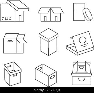 Scatole di cartone per l'imballaggio e la consegna di articoli e merci. Confezione isolata senza loghi o testo, sacchetti di carta vuoti per il trasporto, pizza e pasti. Vettore in stile piatto. Imballaggio di cartone, scatole di cartone per imballaggio Illustrazione Vettoriale