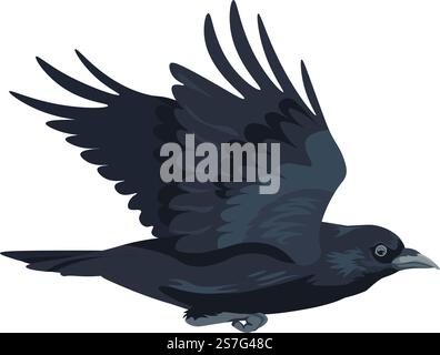 Corvo o corvo in movimento, isolato che vola grande uccello nero con ali spalmate. Fauna e biodiversità dei boschi o delle foreste, animali aviari con artigli e piume lunghe. Rooks, vettore in stile piatto. Volando un grande uccello nero, corvo in un vettore di movimento Illustrazione Vettoriale
