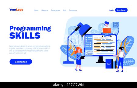 Modello di landing page vettoriale delle competenze di programmazione con intestazione. Banner Web per lo sviluppo di software, progettazione di home page con illustrazioni piatte. I personaggi dei cartoni animati dei programmatori. Concetto di codifica Web Illustrazione Vettoriale