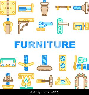 le icone della costruzione di mobili sono state impostate come vettoriali. casa, carpentiere per riparazioni, legno per utensili, carpenteria, attrezzature, imbullonatura per mobili mobili, costruzione di linee colorate illustrazioni. le icone della costruzione di mobili sono state impostate come vettoriali Illustrazione Vettoriale