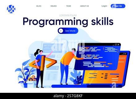 Landing page piatta sulle competenze di programmazione. Team di sviluppatori che creano, testano e programmano illustrazioni vettoriali di applicazioni per computer. Composizione di pagine Web per lo sviluppo di software con caratteri di persone. Illustrazione Vettoriale