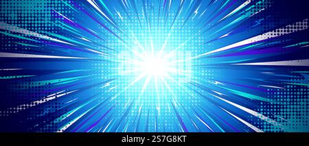 Sfondo esplosivo in stile anime con un brillante effetto burst comico: Raggi radiali blu dinamici emanati dalla sorgente luminosa centrale. Motivo a mezzitoni con striature luminose per un movimento energico. Illustrazione Vettoriale
