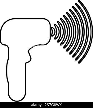 Emettitore di onde termometro manuale a pistola elettronica fronte dispositivo a infrarossi per la misurazione della temperatura contorno digitale senza contatto icona della linea del contorno colore nero immagine vettoriale sottile e piatto semplice. Emettitore di onde termometro manuale a pistola elettronica fronte dispositivo a infrarossi per la misurazione della temperatura contorno digitale senza contatto icona della linea del contorno colore nero immagine vettoriale sottile e piatta Illustrazione Vettoriale