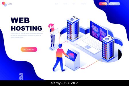 Design moderno e piatto concetto isometrico di Web Hosting decorato personaggi per lo sviluppo di siti web e siti web mobili. Modello di landing page isometrico. Illustrazione vettoriale. Illustrazione Vettoriale