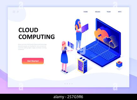 Design moderno e piatto concetto isometrico del personaggio delle persone decorato dalla tecnologia cloud per lo sviluppo di siti Web e siti Web mobili. Modello di landing page isometrico. Illustrazione vettoriale. Illustrazione Vettoriale