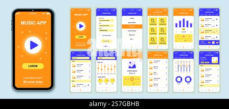 Set di modelli vettoriali per il design dell'interfaccia dell'app mobile Music. Lettore audio. Playlist online. Layout della pagina Web dello smartphone. Pacchetto di schermate UI, UX, GUI per l'applicazione. Display telefono. Kit di progettazione Web Illustrazione Vettoriale