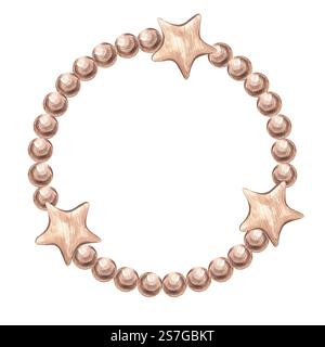 Telaio a corona rotonda in sfere di legno perline, stelle. Collezione GNOME di Natale e Capodanno. Elemento per la progettazione della composizione. Disegna a mano l'acquerello Foto Stock