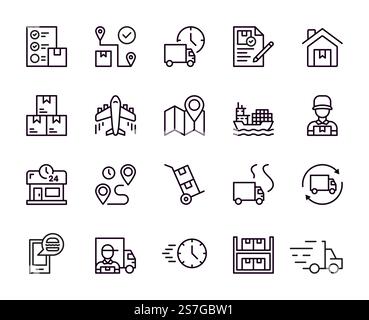 Icona logistica. Trasporto di camion da magazzino. Linea di alimentazione o consegna auto. Settore dei carrelli elevatori a forche per veicoli. Carico a catena. Trasporto di rimorchi. Carrello a scatola. Ma Illustrazione Vettoriale