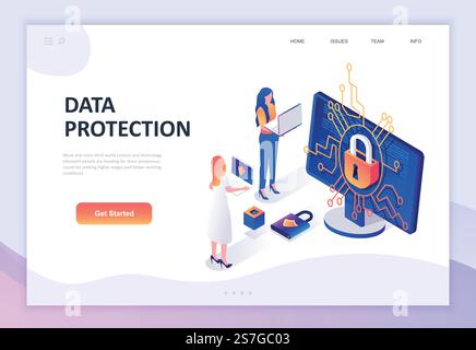 Design moderno e piatto concetto isometrico di protezione dei dati personificato per lo sviluppo di siti web e siti web mobili. Modello di landing page isometrico. Illustrazione vettoriale. Illustrazione Vettoriale