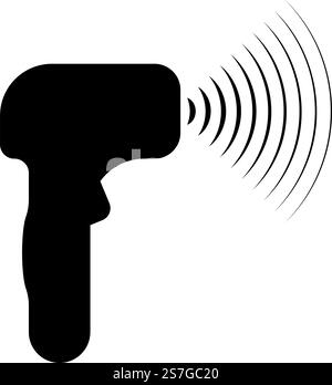 Emettitore di onde termometro manuale a pistola elettronica fronte dispositivo a infrarossi per la misurazione della temperatura icona digitale senza contatto senza contatto vettore di colore nero immagine piatta semplice. Emettitore di onde termometro manuale a pistola elettronica fronte dispositivo a infrarossi per la misurazione della temperatura icona digitale senza contatto senza contatto colore nero vettoriale immagine piatta Illustrazione Vettoriale