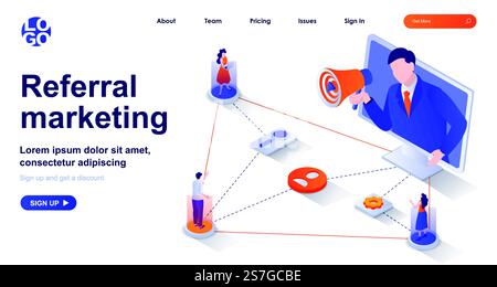 Landing page isometrica per il referral marketing. Attrarre nuovi clienti attraverso il concetto di isometria pubblicitaria passaparola. Banner Web 3d promozionale. Illustrazione vettoriale con i caratteri delle persone in un design piatto Illustrazione Vettoriale