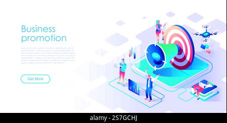 Modello vettoriale isometrico della landing page della promozione aziendale. Pagina iniziale del sito Web dei servizi di marketing professionali layout delle illustrazioni dell'interfaccia utente. Concetto di isometria di banner Web per lo sviluppo delle identità aziendali. Modello vettoriale isometrico della landing page della promozione aziendale Illustrazione Vettoriale