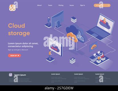 Landing page isometrica dello storage cloud. Provider di hosting Internet, concetto di isometria del servizio di archiviazione dati. Archiviazione cloud sicura, pagina Web piatta del sistema di database. Illustrazione vettoriale con caratteri persone. Illustrazione Vettoriale