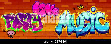 Parole del cartone animato con graffiti dipinte su sfondo in mattoni rossi - testo con elementi decorativi teschio, corona, gocce. Tipografia Street art con contorni luminosi ed effetti d'ombra. Design murale urbano Illustrazione Vettoriale