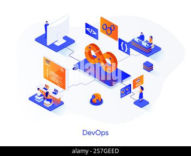 Banner Web isometrico DevOps. Concetto di isometria delle operazioni di sviluppo. Programmazione e servizi di progettazione scenografica 3d, progettazione di amministrazione di sistemi informatici. Illustrazione vettoriale con caratteri persone. Illustrazione Vettoriale