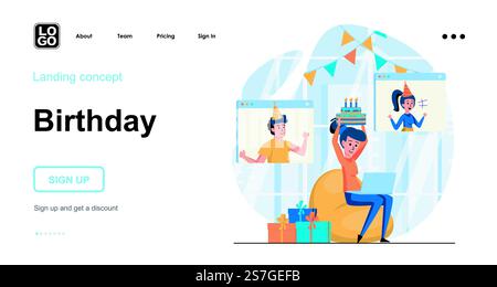 Concetto Web per feste di compleanno online. Donna che festeggia le vacanze con gli amici tramite videoconferenza. Modello della scena delle persone. Illustrazione vettoriale con attività di carattere in design piatto per il sito Web Illustrazione Vettoriale