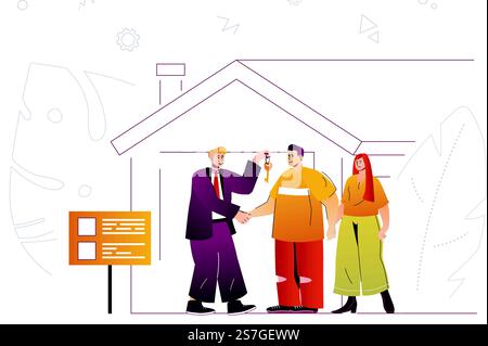 Concetto web immobiliare. L'agente immobiliare dà la chiave per comprare o affittare una nuova casa. Le persone creano scene con caratteri a linea piatta per il sito Web. Illustrazione vettoriale per i materiali promozionali sui social media Illustrazione Vettoriale