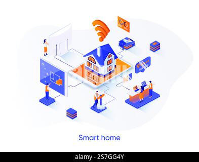 Banner Web isometrico Smart Home. Concetto di isometria per il controllo, il monitoraggio e la gestione della casa online. Tecnologia di automatizzazione del sistema domestico progettazione di scenografie 3D. Illustrazione vettoriale con caratteri persone. Illustrazione Vettoriale