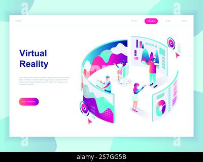 Design moderno e piatto concetto isometrico di realtà aumentata virtuale per banner e siti Web. Modello di landing page isometrico. Persone che indossano un visore con interfaccia vr a sfioramento. Illustrazione vettoriale. Illustrazione Vettoriale