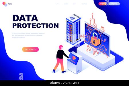 Design moderno e piatto concetto isometrico di protezione dei dati personificato per lo sviluppo di siti web e siti web mobili. Modello di landing page isometrico. Illustrazione vettoriale. Illustrazione Vettoriale