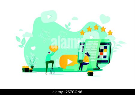 Concetto di blogging in stile piatto. Blogger che creano contenuti di qualità per la scena dei social media. Comunicazione di rete, banner di pubblicazione su Internet. Illustrazione vettoriale con caratteri persone in situazione di lavoro. Concetto di blogging in stile piatto. Illustrazione Vettoriale