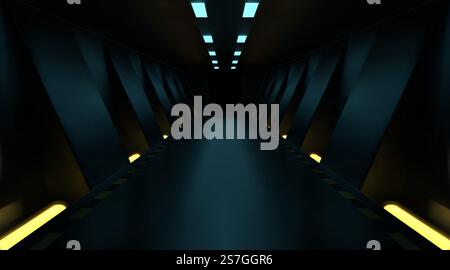 Luce gialla. Corridoio blu neon 3D. Camera oscura astratta o interni neri della scienza futura. Lampada a LED elettrica. Sala vuota. Pavimento del podio dello showroom con str Illustrazione Vettoriale