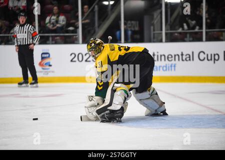 Vindico Arena, Cardiff, Regno Unito. 18 gennaio 2025. IIHF Continental Cup Ice Hockey, Bruleurs de Loups contro GKS Katowice; John Murray di GKS Katowice Credit: Action Plus Sports/Alamy Live News Foto Stock