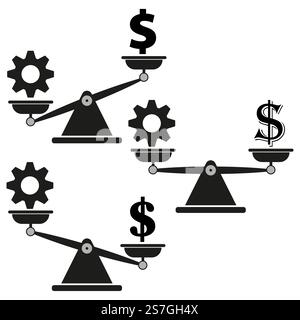 Scala con ingranaggi. Saldo del valore in dollari. Icona di confronto meccanico. Simbolo del peso economico. Illustrazione Vettoriale