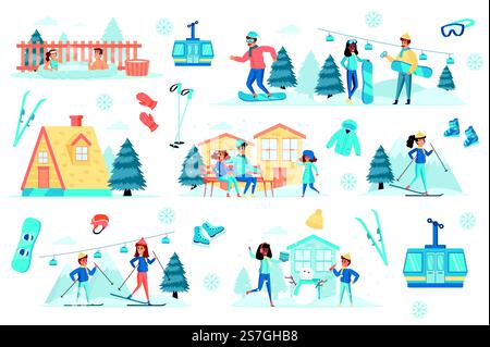 Pacchetto resort invernale di ambientazioni piatte. Località sciistica di montagna in posizione isolata. Funicolare, cottage, vasca idromassaggio, pupazzo di neve, abbigliamento sportivo, natura, snowboard e sci. Illustrazione vettoriale cartoni animati. Illustrazione Vettoriale