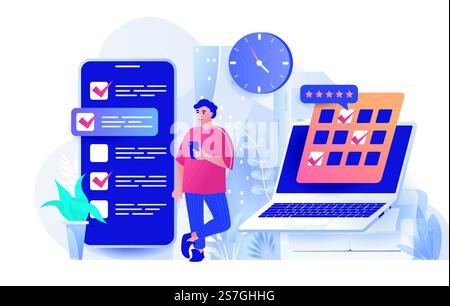 Concetto di pianificazione in design piatto. Modello di scena per la gestione del tempo. Man organizza il flusso di lavoro, utilizza elenchi di cose da fare, pianifica le riunioni sul calendario, le scadenze. Illustrazione vettoriale delle attività dei personaggi delle persone Illustrazione Vettoriale