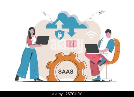 Concetto SAAS isolato. Gli utenti candidati acquistano licenze software e utilizzano tecnologie cloud. Le persone fanno scene con un design piatto dei cartoni animati. Illustrazione vettoriale per blog, sito Web, app mobile, materiali promozionali. Illustrazione Vettoriale