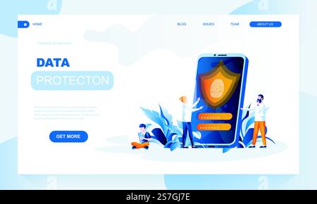 Modello di landing page vettoriale di protezione dei dati con intestazione. Banner Web per la sicurezza delle informazioni, design della home page con illustrazioni piatte. Touch id, identificazione personale, codice di accesso per sbloccare lo smartphone. Modello di landing page vettoriale di protezione dei dati con intestazione. Banner Web per la sicurezza delle informazioni, design della home page con illustrazioni piatte Illustrazione Vettoriale