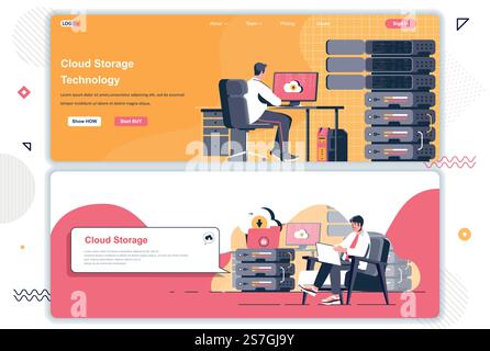 Set di landing page di archiviazione cloud. Provider di hosting, sito Web aziendale per la gestione dello storage su cloud. Illustrazione vettoriale piatta con caratteri persone. Concetto Web utilizzato come intestazione, piè di pagina o contenuto centrale. Illustrazione Vettoriale