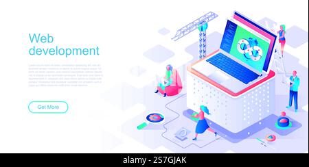 Modello vettoriale della landing page di sviluppo Web. Layout dell'interfaccia utente dell'intestazione del sito Web di prestazioni e usabilità del programma con illustrazione isometrica. Progettazione di applicazioni complete, concetto di isometria di banner Web devops Illustrazione Vettoriale