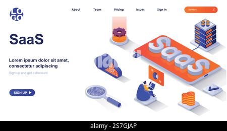 Pagina di destinazione isometrica SaaS. Tecnologie cloud, concetto di isometria del modello di business in abbonamento ai clienti. Banner Web 3d software as a Service. Illustrazione vettoriale con i caratteri delle persone in un design piatto Illustrazione Vettoriale