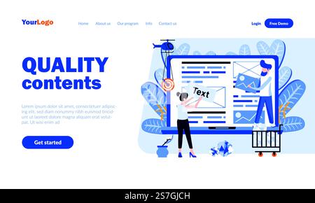 Modello di landing page vettoriale dei contenuti di qualità con intestazione. Business online, banner Web sui social media, progettazione di home page con illustrazioni piatte. Blogger personaggi dei cartoni animati. Concetto di blogging Illustrazione Vettoriale