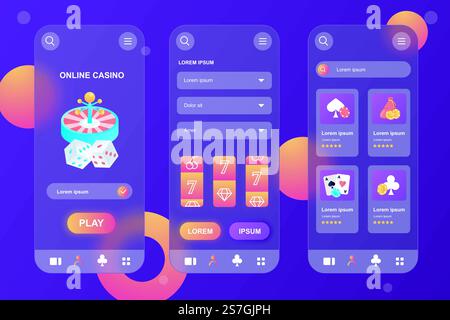 Kit elementi pneumatici casinò online per app mobile. Roulette, premi il jackpot, gioco d'azzardo, slot machine, poker. Set di schermate UI, UX, GUI. Illustrazione vettoriale di modelli in design vetmorfico Illustrazione Vettoriale