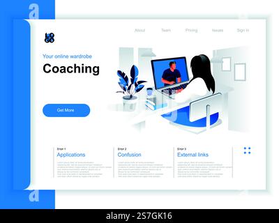 Pagina di destinazione isometrica di coaching. Donna che guarda un webinar online con un coach aziendale in ufficio. Formazione aziendale e sviluppo delle competenze, motivazione e mentoring prospettiva flat design. Illustrazione Vettoriale