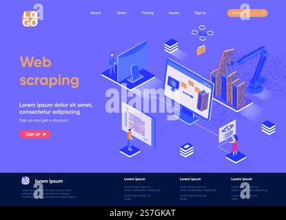 Pagina di destinazione isometrica per lo scraping del Web. Processo di raccolta e analisi automatica dei dati grezzi dal concetto di isometria Web. Design piatto del software di estrazione dati. Illustrazione vettoriale con caratteri persone. Illustrazione Vettoriale